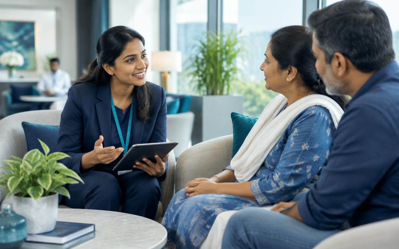 Healthcare coordinator helping an international patient plan their journey